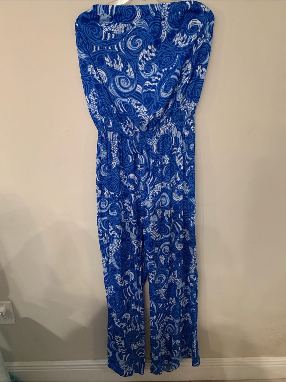 Lilly Pulitzer Blue White Blue Grotto Fish Swirl Strapless Jumpsuit XL NWT $178